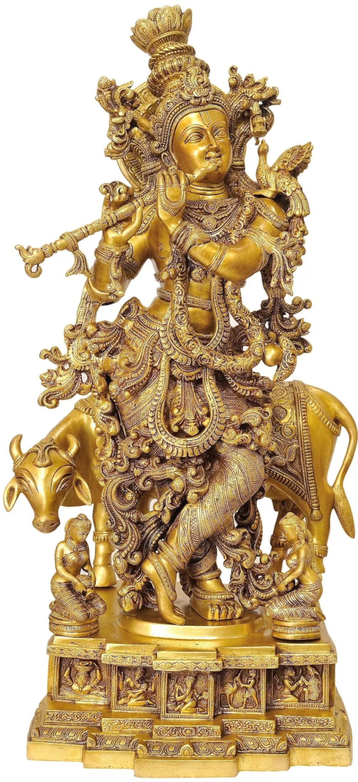 Brass Krishna with Cow Playing Flute Statue Fully Carved Idol Home Decor/Gift Item